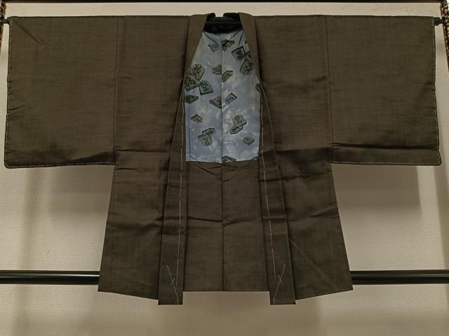 平和屋着物●男性　紬　アンサンブル　色無地　赤墨色　正絹　逸品　AABD7019ph