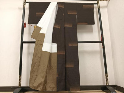 平和屋着物●上質な紬 段違い文 正絹 逸品 AABD7037ph