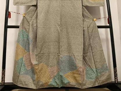 平和屋着物●訪問着　紬地　草花文　正絹　逸品　AABD7053ph
