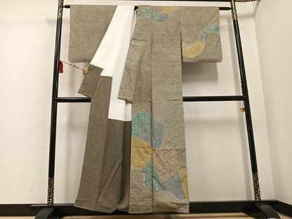平和屋着物●訪問着　紬地　草花文　正絹　逸品　AABD7053ph