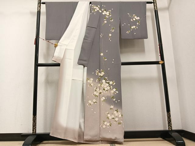 平和屋着物●訪問着 友禅 駒刺繍 枝桜 暈し染め 金彩 鬼しぼ縮緬 正絹 逸品 AABD7070ph