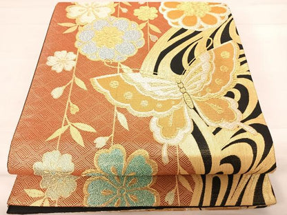 平和屋着物◎六通柄袋帯 舞蝶枝垂れ花文 金銀糸 正絹 逸品 AABD7087yx