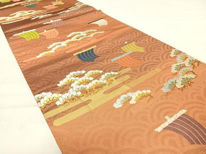 平和屋着物◎六通柄袋帯 唐織 ボストン美術館 浜松文 金糸 正絹 逸品 AABD7096yx