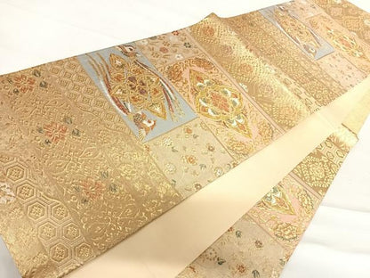平和屋着物◎六通柄袋帯 寿祥蒔絵段文 金糸 正絹 逸品 AABD7110yx