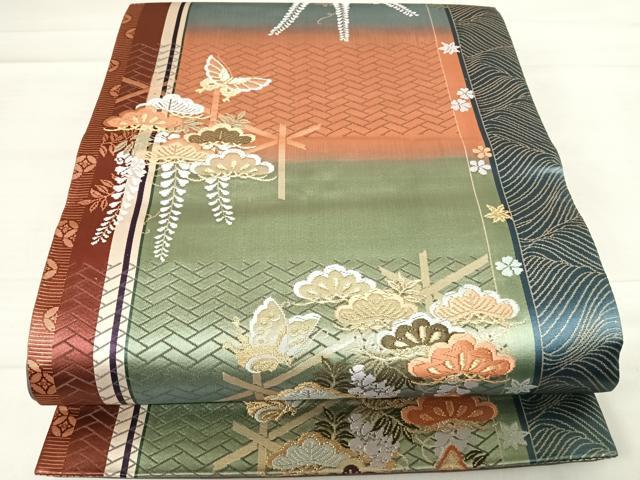 平和屋着物◎六通柄袋帯　唐織　舞蝶文　藤花房　金糸　正絹　逸品　AABD7114yx