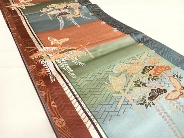 平和屋着物◎六通柄袋帯　唐織　舞蝶文　藤花房　金糸　正絹　逸品　AABD7114yx