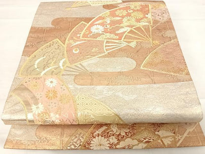 平和屋着物◎六通柄袋帯 唐織 扇面花鳥文 金糸 正絹 逸品 AABD7120yx