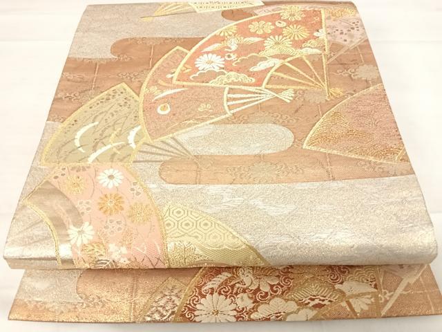 平和屋着物◎六通柄袋帯 唐織 扇面花鳥文 金糸 正絹 逸品 AABD7120yx
