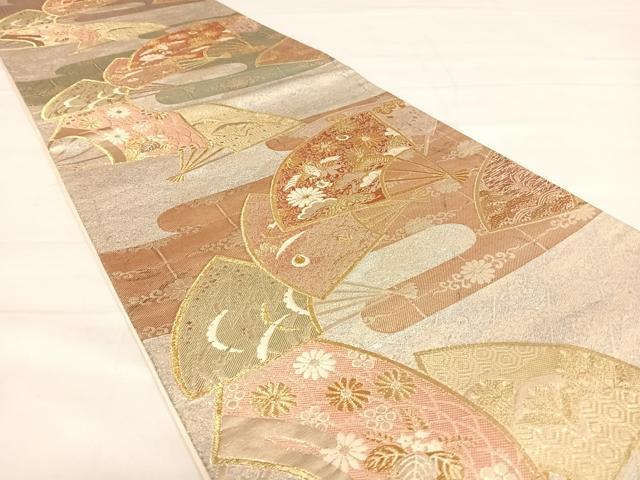平和屋着物◎六通柄袋帯 唐織 扇面花鳥文 金糸 正絹 逸品 AABD7120yx