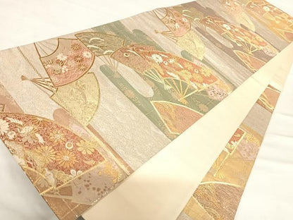 平和屋着物◎六通柄袋帯 唐織 扇面花鳥文 金糸 正絹 逸品 AABD7120yx