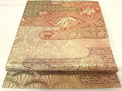 平和屋着物◎六通柄袋帯 エ霞花鳥文 金糸 正絹 逸品 AABD7121yx