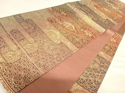 平和屋着物◎六通柄袋帯 エ霞花鳥文 金糸 正絹 逸品 AABD7121yx