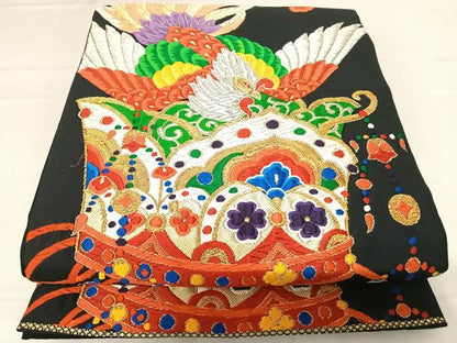 平和屋着物◎六通柄袋帯　唐織　鳳凰文　黒地　金銀糸　正絹　逸品　AABD7135yx