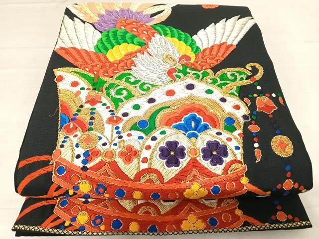 平和屋着物◎六通柄袋帯　唐織　鳳凰文　黒地　金銀糸　正絹　逸品　AABD7135yx