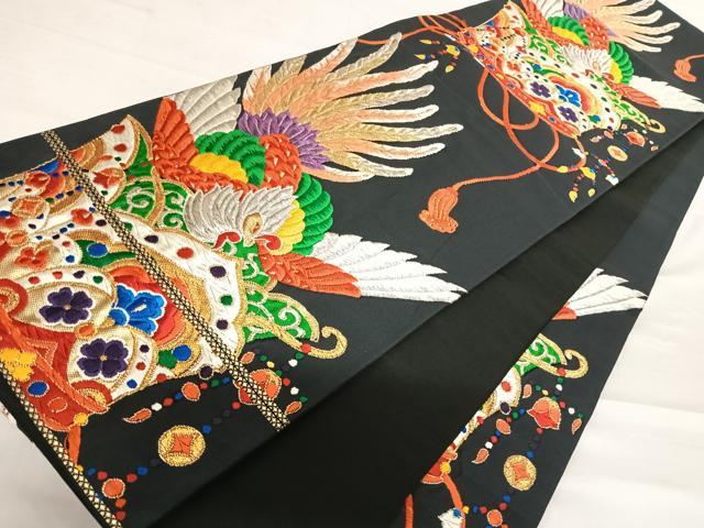 平和屋着物◎六通柄袋帯　唐織　鳳凰文　黒地　金銀糸　正絹　逸品　AABD7135yx