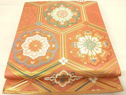 平和屋着物◎六通柄袋帯　唐織　亀甲花文　金糸　正絹　逸品　AABD7140yx
