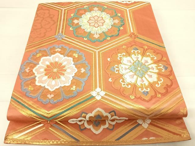 平和屋着物◎六通柄袋帯　唐織　亀甲花文　金糸　正絹　逸品　AABD7140yx