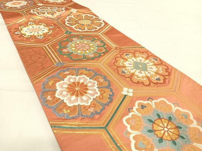 平和屋着物◎六通柄袋帯　唐織　亀甲花文　金糸　正絹　逸品　AABD7140yx