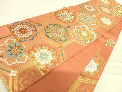 平和屋着物◎六通柄袋帯　唐織　亀甲花文　金糸　正絹　逸品　AABD7140yx