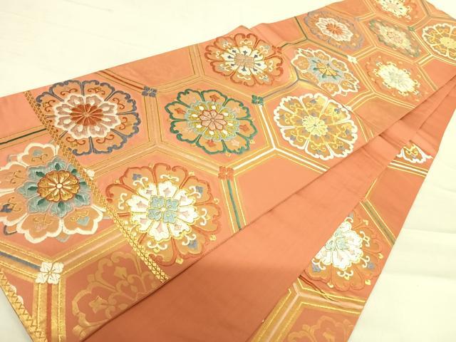 平和屋着物◎六通柄袋帯　唐織　亀甲花文　金糸　正絹　逸品　AABD7140yx