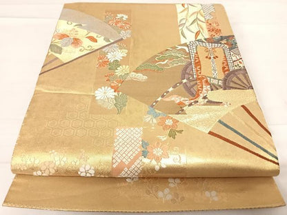 平和屋着物◎六通柄袋帯　唐織　桃山慶長の美　扇面色紙御車紋　金糸　正絹　逸品　AABD7144yx