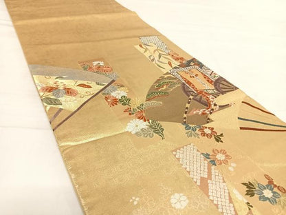 平和屋着物◎六通柄袋帯　唐織　桃山慶長の美　扇面色紙御車紋　金糸　正絹　逸品　AABD7144yx