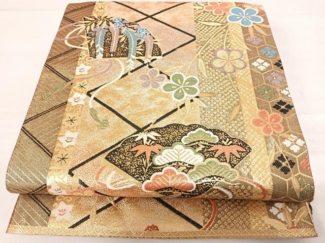 平和屋着物◎佐賀錦　六通柄袋帯　唐織　扇面花文　金糸　正絹　逸品　AABD7145yx