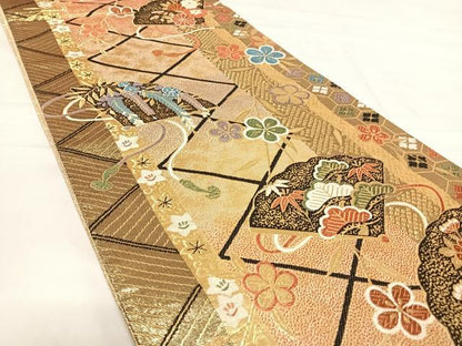 平和屋着物◎佐賀錦　六通柄袋帯　唐織　扇面花文　金糸　正絹　逸品　AABD7145yx