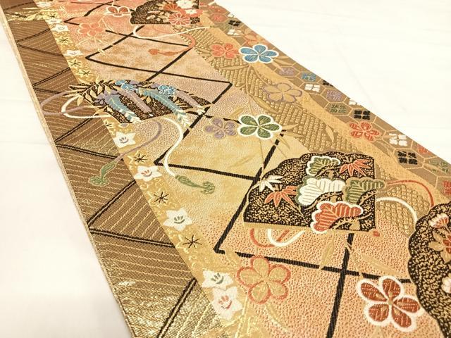 平和屋着物◎佐賀錦　六通柄袋帯　唐織　扇面花文　金糸　正絹　逸品　AABD7145yx