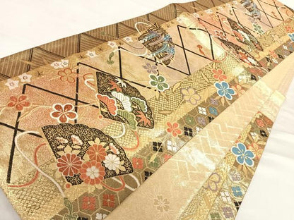 平和屋着物◎佐賀錦　六通柄袋帯　唐織　扇面花文　金糸　正絹　逸品　AABD7145yx