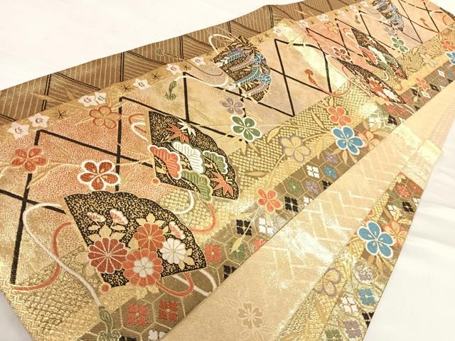 平和屋着物◎佐賀錦　六通柄袋帯　唐織　扇面花文　金糸　正絹　逸品　AABD7145yx