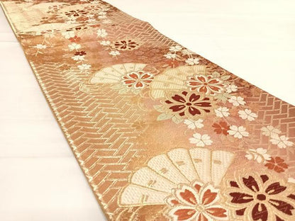 平和屋着物◎六通柄袋帯 唐織 檜扇花文 金糸 正絹 逸品 AABD7150yx