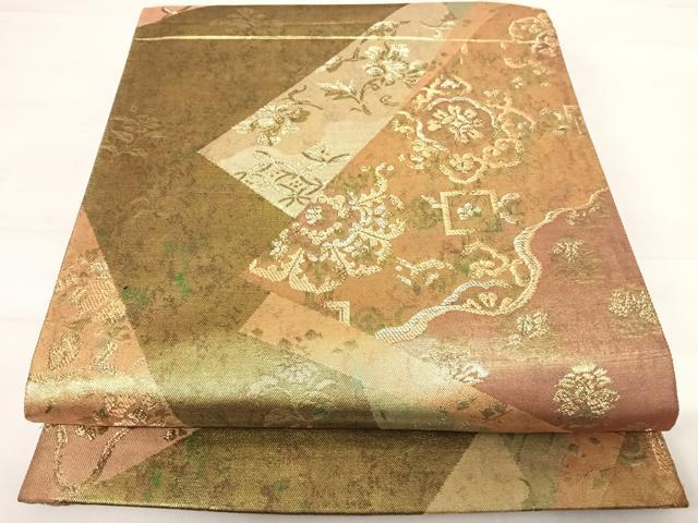平和屋着物◎六通柄袋帯 切嵌花文 研出青銅箔 正絹 逸品 AABD7152yx