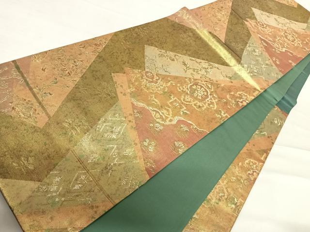 平和屋着物◎六通柄袋帯 切嵌花文 研出青銅箔 正絹 逸品 AABD7152yx