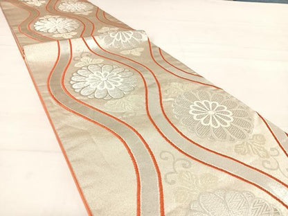 平和屋着物◎六通柄袋帯 立涌花文 銀糸 正絹 逸品 AABD7157yx