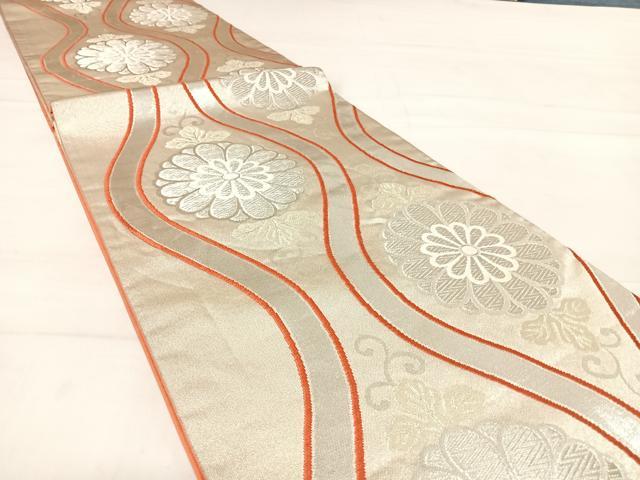 平和屋着物◎六通柄袋帯 立涌花文 銀糸 正絹 逸品 AABD7157yx