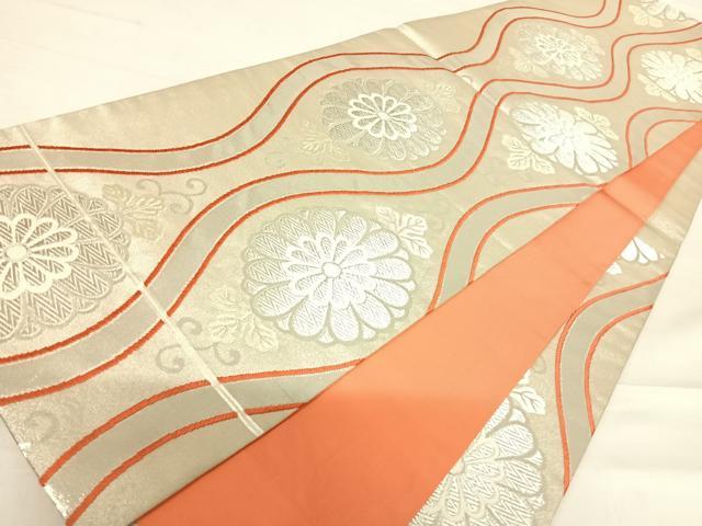 平和屋着物◎六通柄袋帯 立涌花文 銀糸 正絹 逸品 AABD7157yx