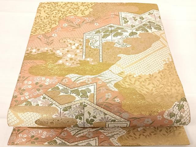 平和屋着物◎伝統工芸士 平田藤三郎 六通柄袋帯 道長屏風花文 金糸 正絹 逸品 AABD7170yx