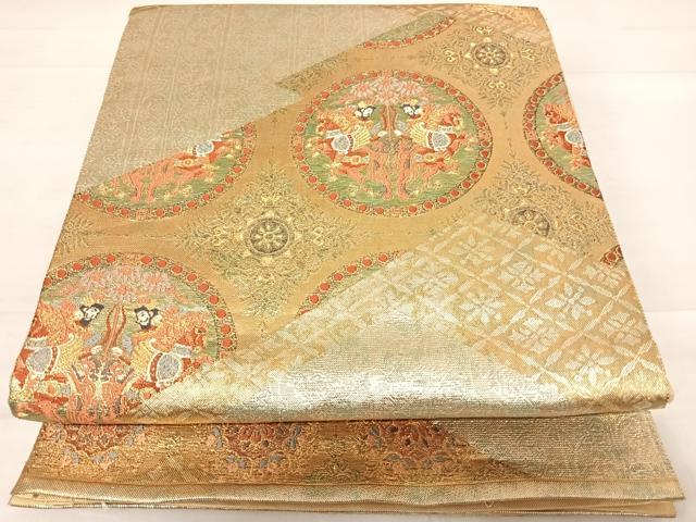 平和屋着物◎六通柄袋帯 唐織 松皮狩鞍文 燿金 金銀糸 正絹 逸品 AABD7171yx