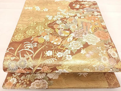 平和屋着物◎佐賀錦 六通柄袋帯 唐織 鴛鴦花文 金糸 正絹 逸品 AABD7175yx