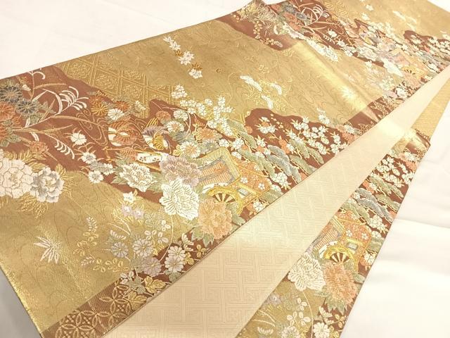 平和屋着物◎佐賀錦 六通柄袋帯 唐織 鴛鴦花文 金糸 正絹 逸品 AABD7175yx
