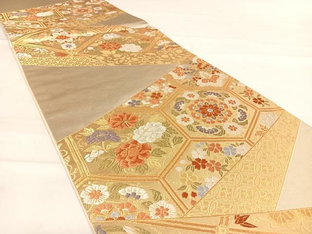 平和屋着物◎六通柄袋帯 唐織 慶壽 亀甲花文 金糸 正絹 逸品 AABD7179yx