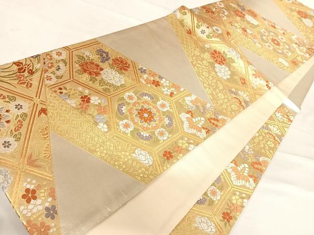平和屋着物◎六通柄袋帯 唐織 慶壽 亀甲花文 金糸 正絹 逸品 AABD7179yx