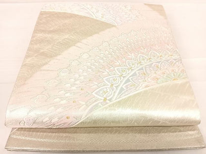 平和屋着物◎六通柄袋帯　唐織　孔雀羽花文　銀糸　正絹　逸品　AABD7186yx