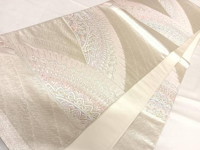 平和屋着物◎六通柄袋帯　唐織　孔雀羽花文　銀糸　正絹　逸品　AABD7186yx