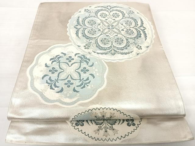 平和屋着物◎六通柄袋帯　唐織　花絵皿文　銀糸　正絹　逸品　AABD7197yx