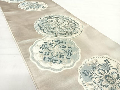 平和屋着物◎六通柄袋帯　唐織　花絵皿文　銀糸　正絹　逸品　AABD7197yx