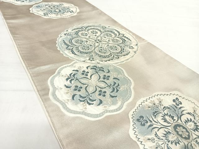 平和屋着物◎六通柄袋帯　唐織　花絵皿文　銀糸　正絹　逸品　AABD7197yx