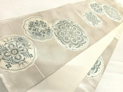 平和屋着物◎六通柄袋帯　唐織　花絵皿文　銀糸　正絹　逸品　AABD7197yx
