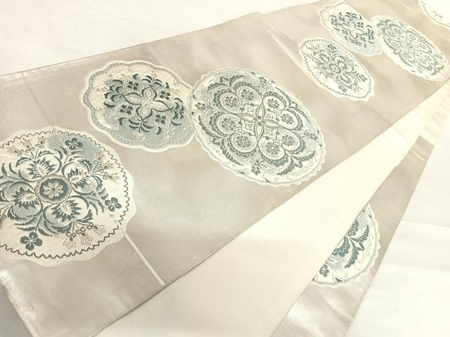 平和屋着物◎六通柄袋帯　唐織　花絵皿文　銀糸　正絹　逸品　AABD7197yx
